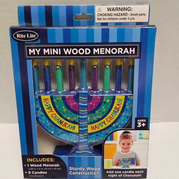 New Child Boy Girl Sturdy Mini Wood Menorah W 9 Candles Happy Chanukkah 4" - Picture 1 of 14